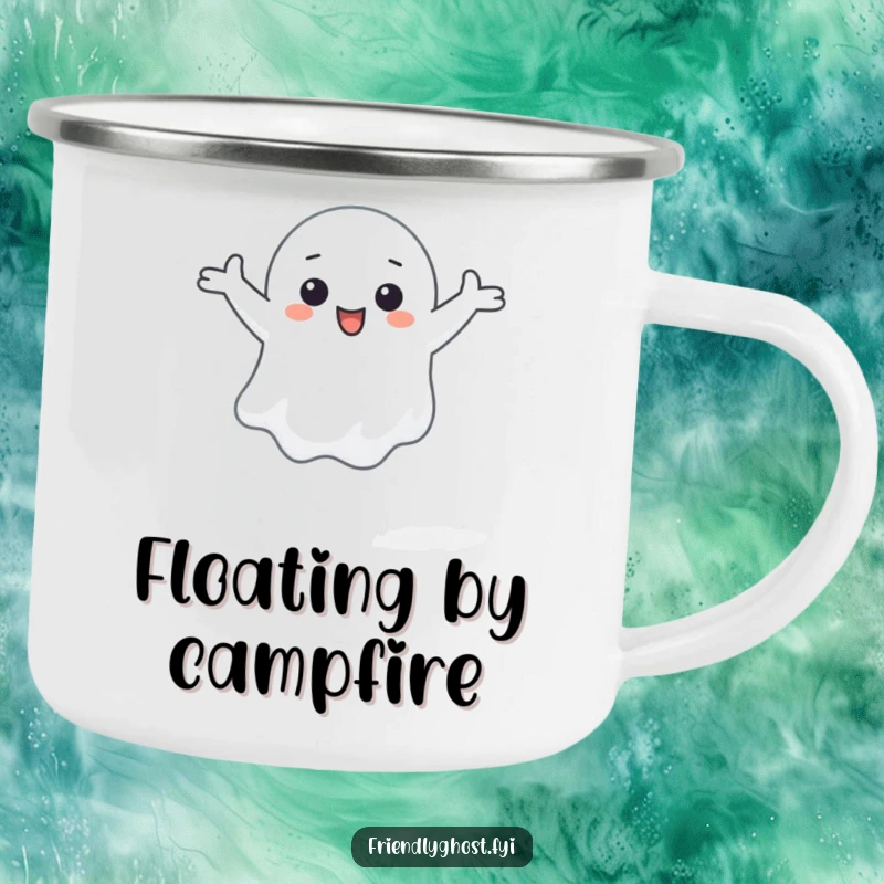 Funny camping mug illustrating a small ghost character happily floating with arms outstretched.