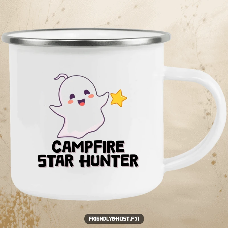 Funny chasing ghost camping mug with a delighted ghost playfully pursuing a tiny, sparkling star, perfect for whimsical outdoor trips and gifts.