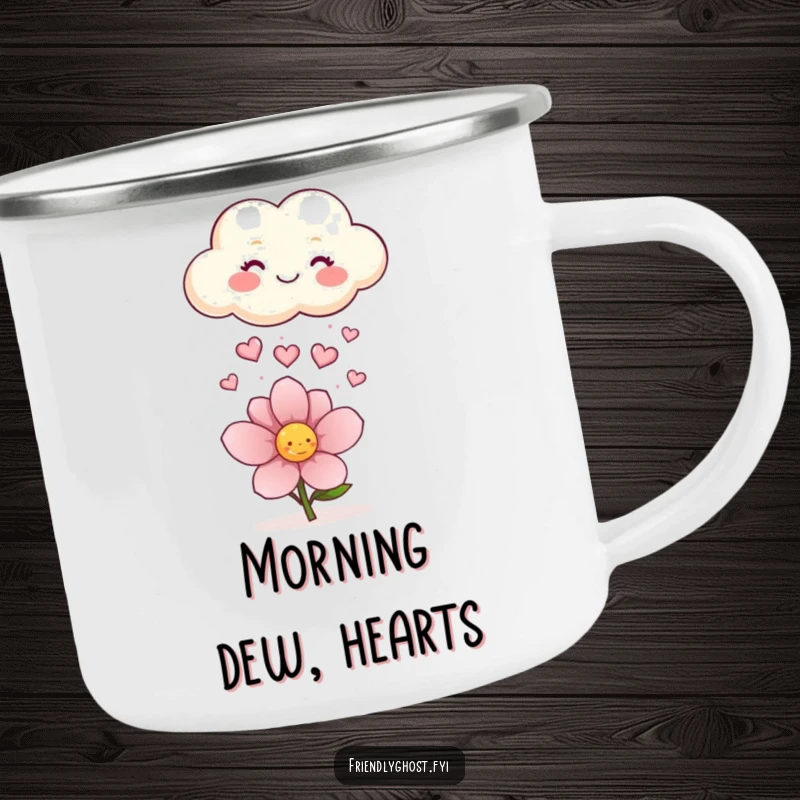 Funny camping mug featuring a happy cloud hilariously raining tiny sparkling hearts onto a flower, perfect for outdoor enthusiasts.