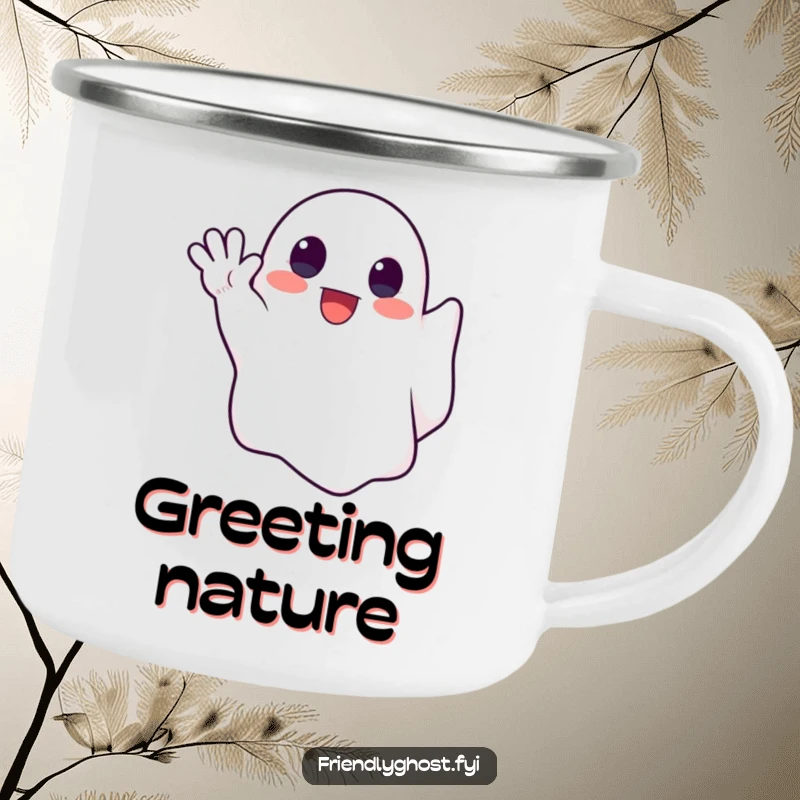 Funny camping mug with a cute ghost enthusiastically waving a spectral hand, perfect for friendly spectral outdoor adventures.