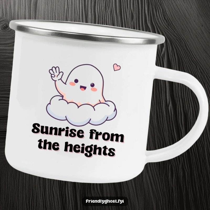Funny ghost camping mug with a small, friendly ghost waving from a cloud, perfect for cheerful outdoor moments.