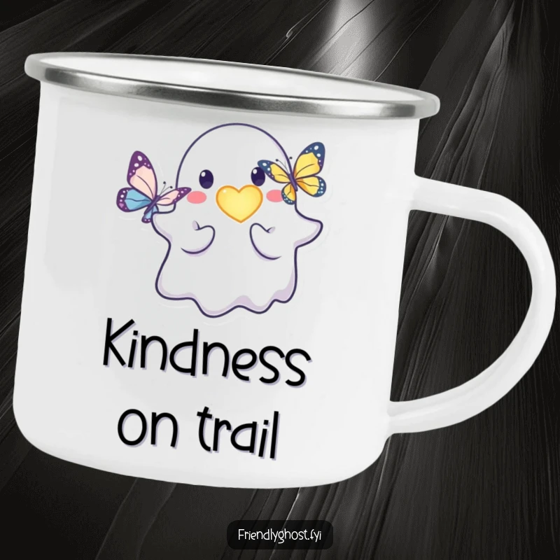 Funny friendly ghost camping mug featuring a kind character offering a glowing heart to a butterfly.