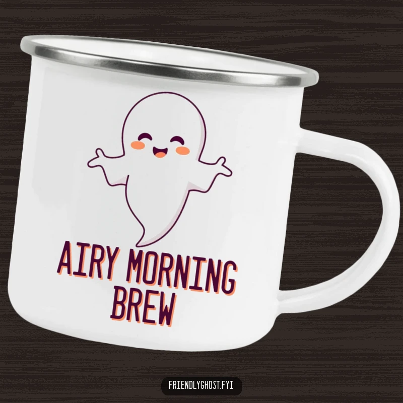 Funny ghost camping mug with a smiling ghost hugging a bubble, ideal for outdoor enjoyment and warm beverages.