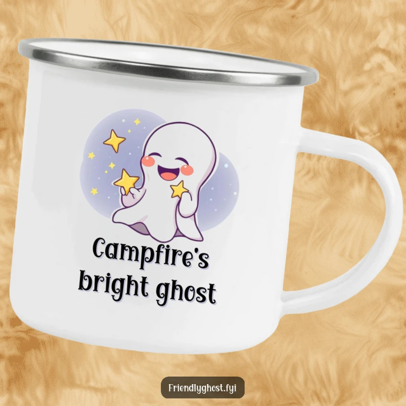 Funny ghost child camping mug showing a giggling ghost holding a twinkling star, designed for outdoor use and carrying humor.