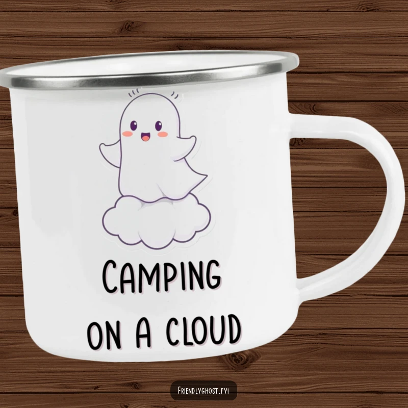 Funny Ghost Cloud Rider Camping Mug: Cheerful spirit riding a tiny cloud, perfect for whimsical outdoor humor.