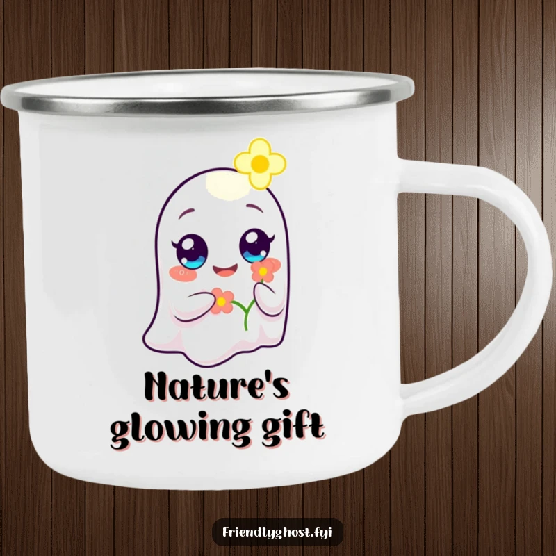 Funny Ghost Flower Bearer Camping Mug: A happy ghost with wide eyes offers a glowing flower, perfect for outdoor enjoyment and warm sips.