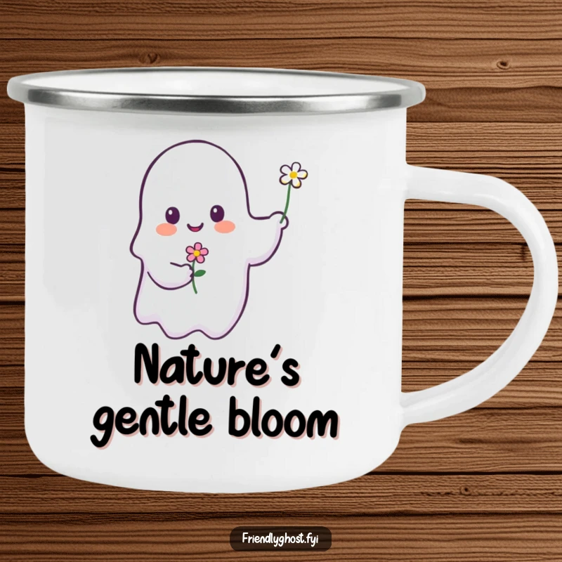 Funny ghost camping mug featuring a smiling ghost offering a flower, ideal for campfire stories and outdoor brews.