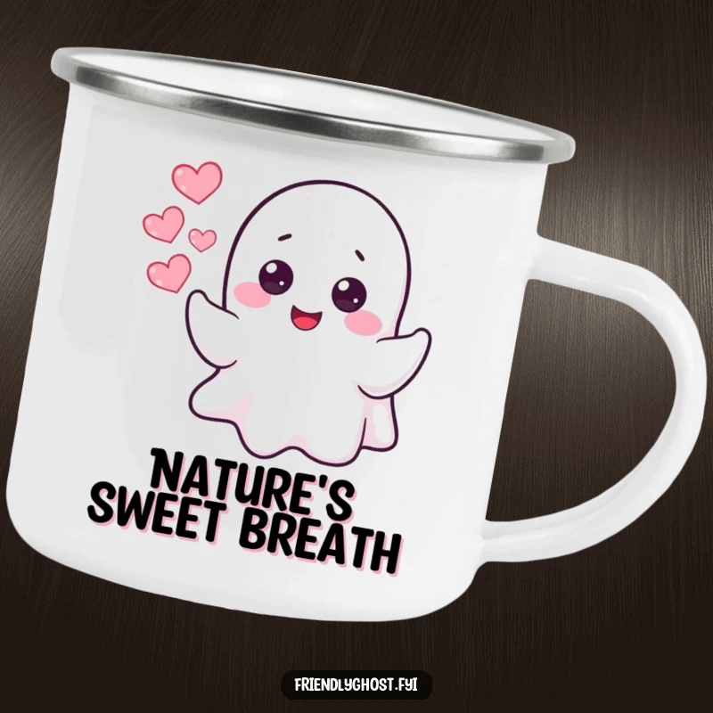 Funny cheerful ghost blowing heart-shaped bubbles, on a rugged camping mug for outdoor adventures.