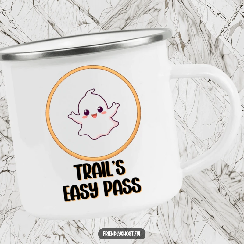 Funny ghost camping mug showing a playful ghost effortlessly jumping through a hoop, perfect for outdoor brews.