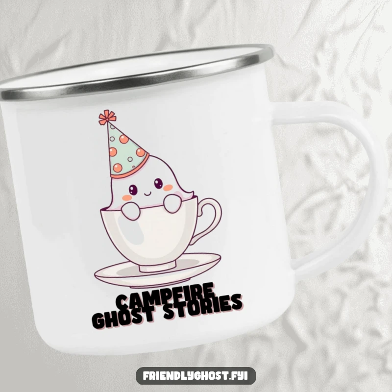 Funny shy ghost wearing an oversized party hat, peeking from behind a teacup, a durable and humorous camping mug.