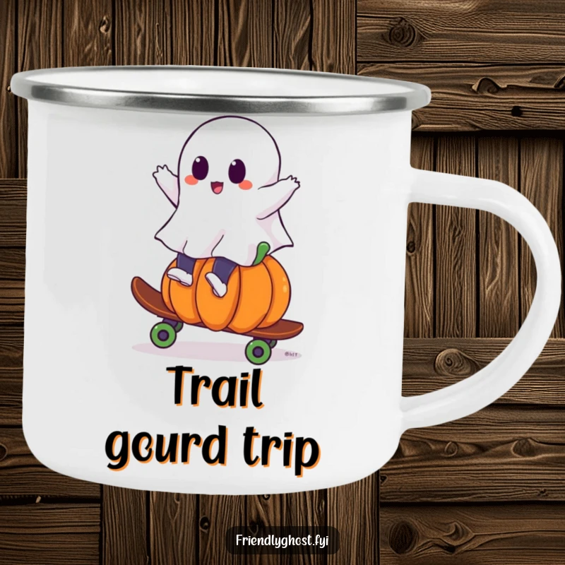 Funny ghost camping mug showing a ghost riding a pumpkin skateboard, perfect for enjoying beverages outdoors with a thrill.