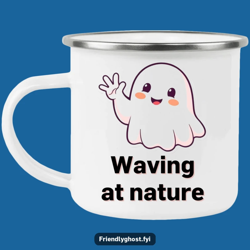 Funny Ghost Waving Camping Mug: Campfire Greetings for Friendly Adventures
