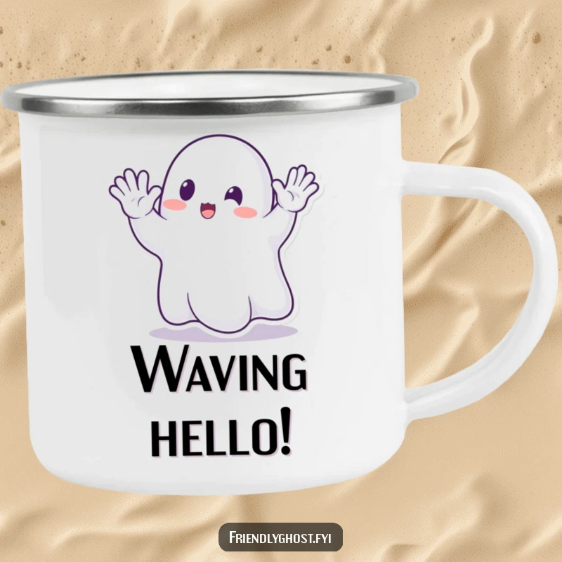 Funny Ghost Waving Camping Mug: Durable mug featuring an enthusiastic transparent ghost waving hello, for humorous outdoor use.