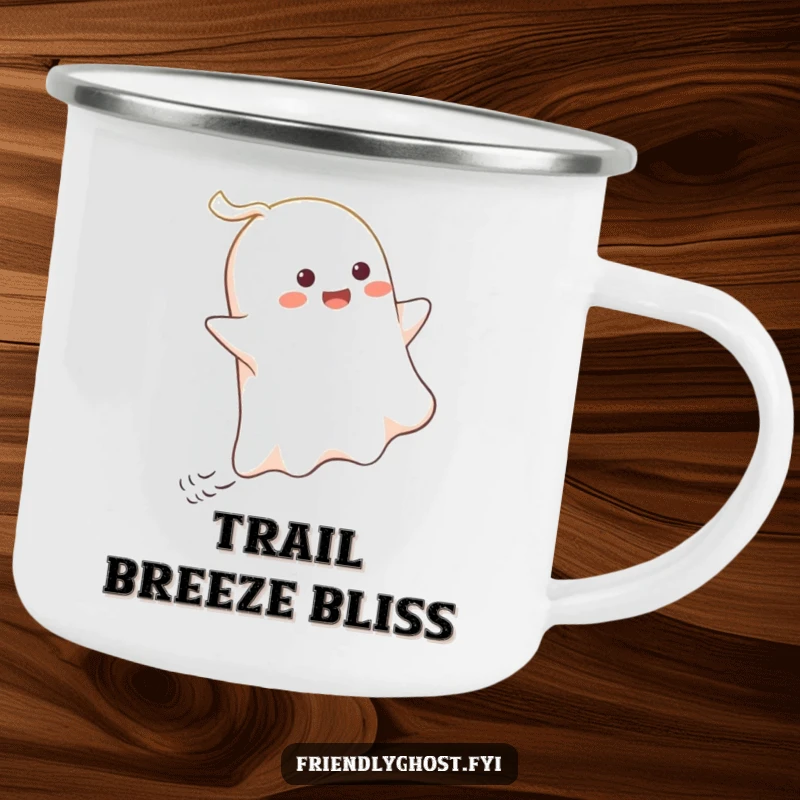 Funny Ghost Wind Rider Camping Mug: A happy ghost gleefully rides a gust of wind, perfect for outdoor enjoyment and humorous sips.