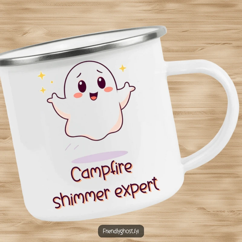 Funny Giggling Ghost Camping Mug: A happy ghost bounces with a sparkling trail on this rugged mug. A fun and funny gift for adventurers.