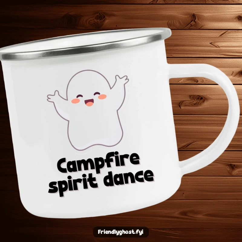 Funny camping mug featuring a giggling ghost performing a silly dance, perfect for adding a touch of lighthearted humor to outdoor adventures.