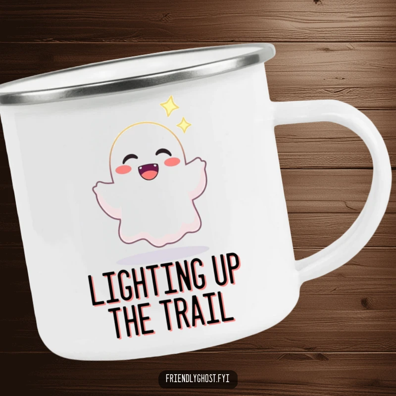 Funny camping mug with a joyful ghost character offering a bright, sparkling light, perfect for enjoying warm drinks outdoors.
