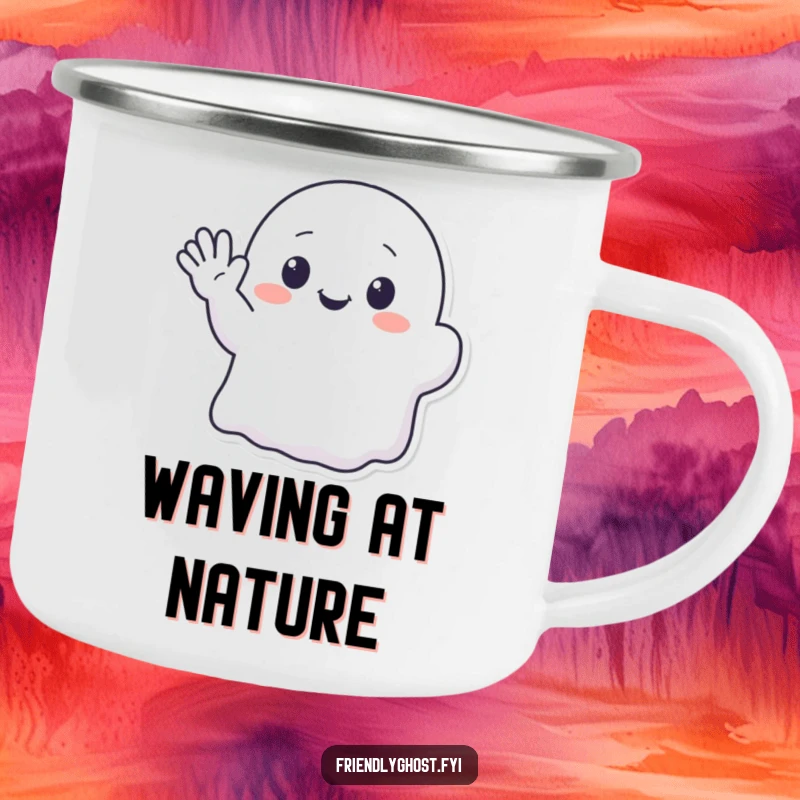 Funny camping mug illustrating a kawaii ghost character enthusiastically waving with a cute, translucent hand.