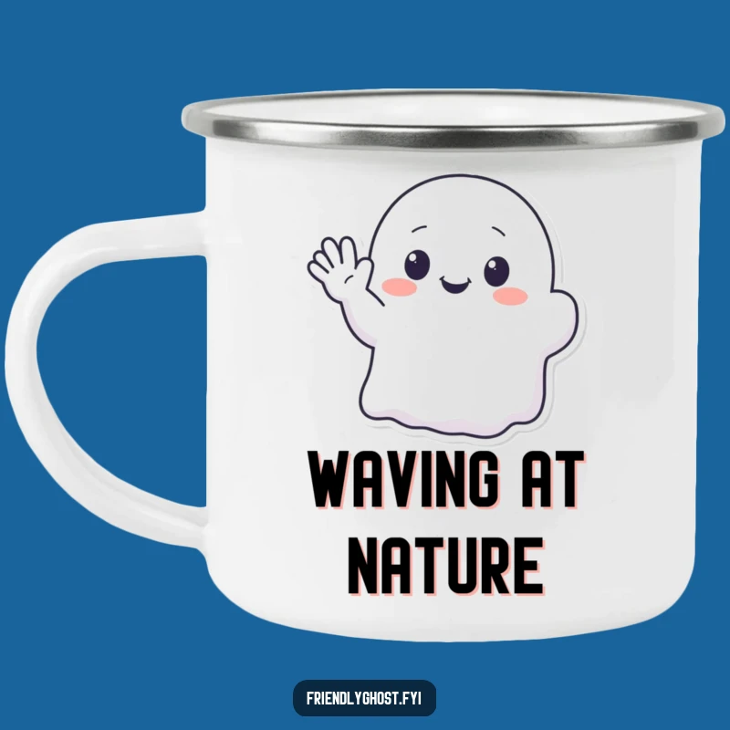 Funny Kawaii Ghost Waving Camping Mug - Cute Outdoor Companion Gift