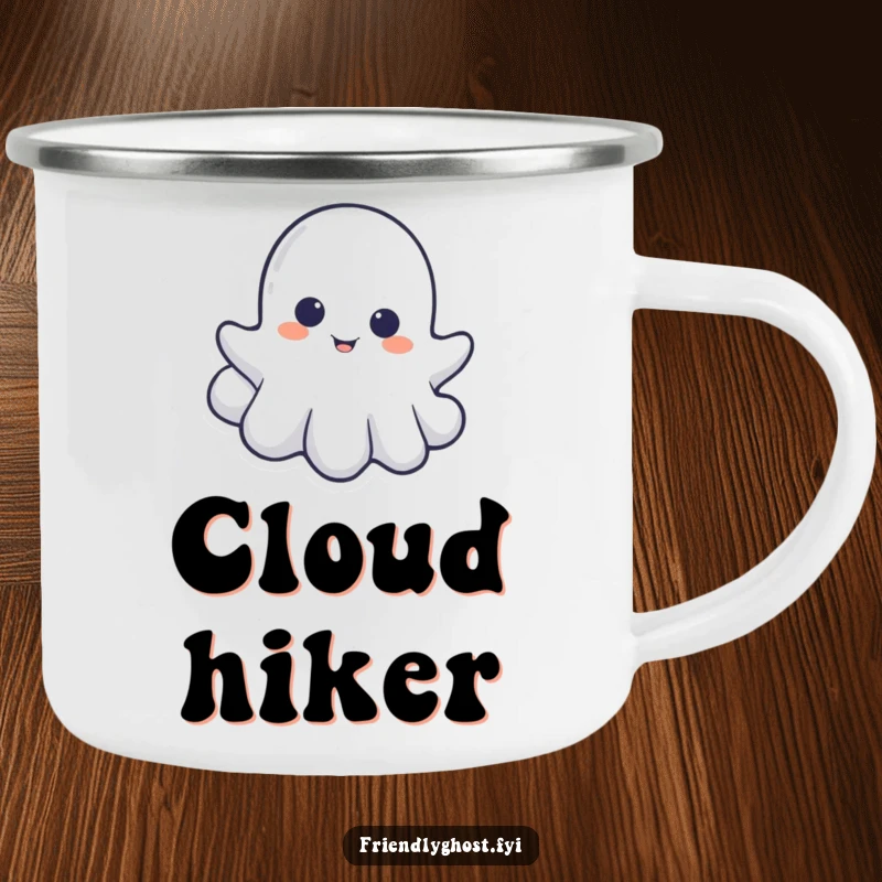 Funny camping mug with a little ghost playfully peeking from behind a cloud, perfect for spectral outdoor hideaways.