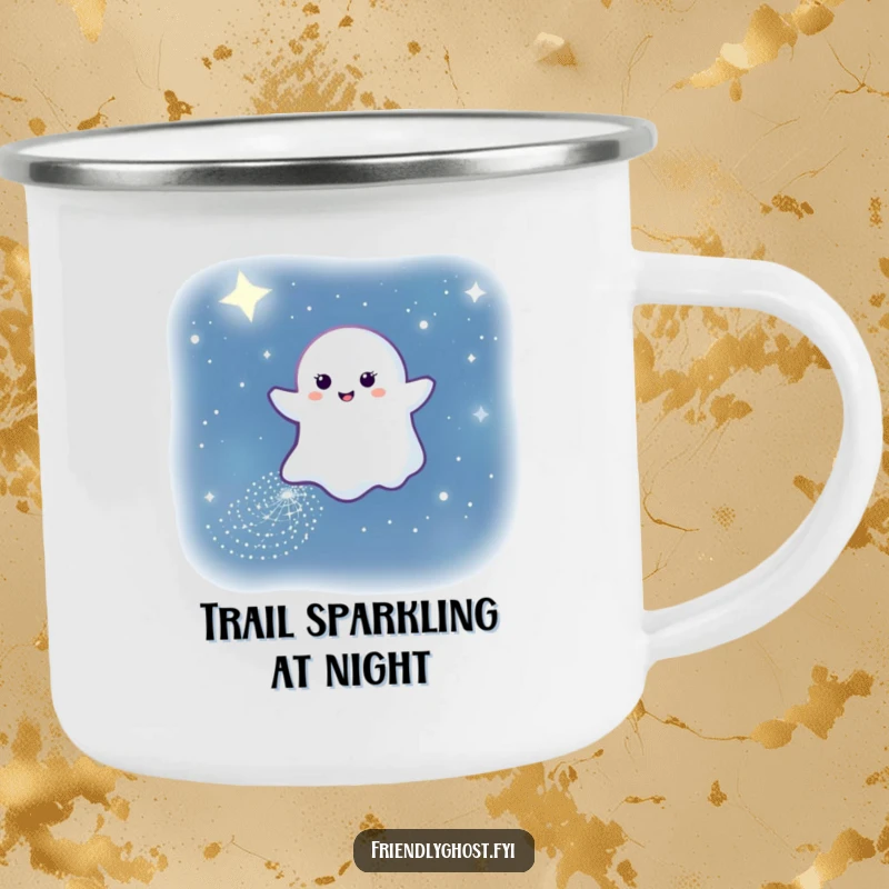 Funny camping mug with a gentle ghost leaving a sparkling path through the night sky, ready for magical outdoor moments.