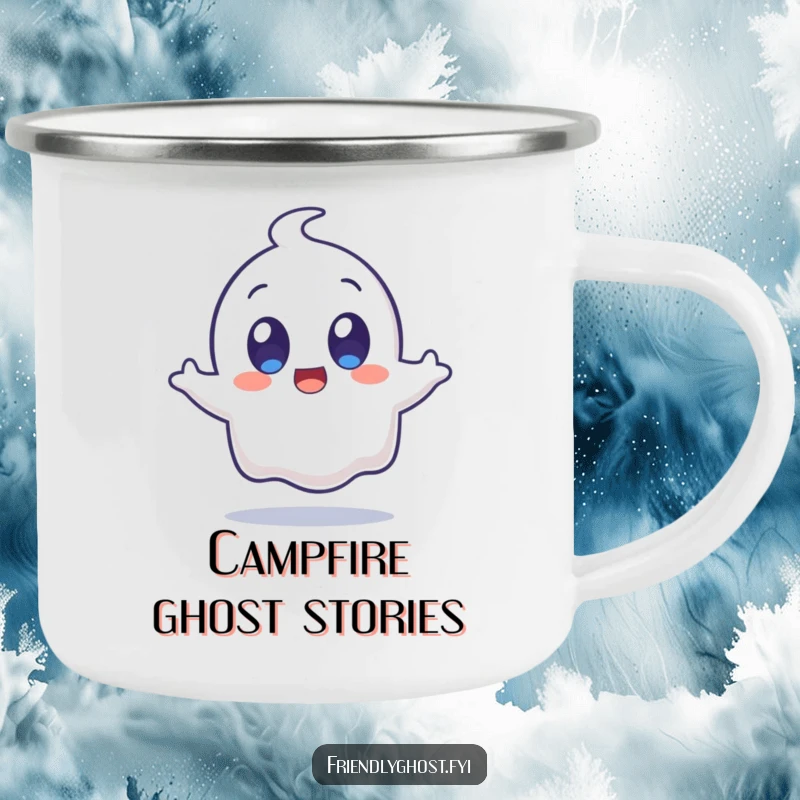Funny surprised ghost character with wide, happy eyes jumping on a durable camping mug, bringing comical shock to outdoor beverages.