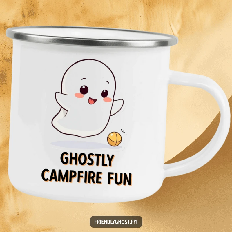 Funny camping mug showing a small ghost character playfully bouncing a tiny ball, perfect for enjoying drinks in the great outdoors.