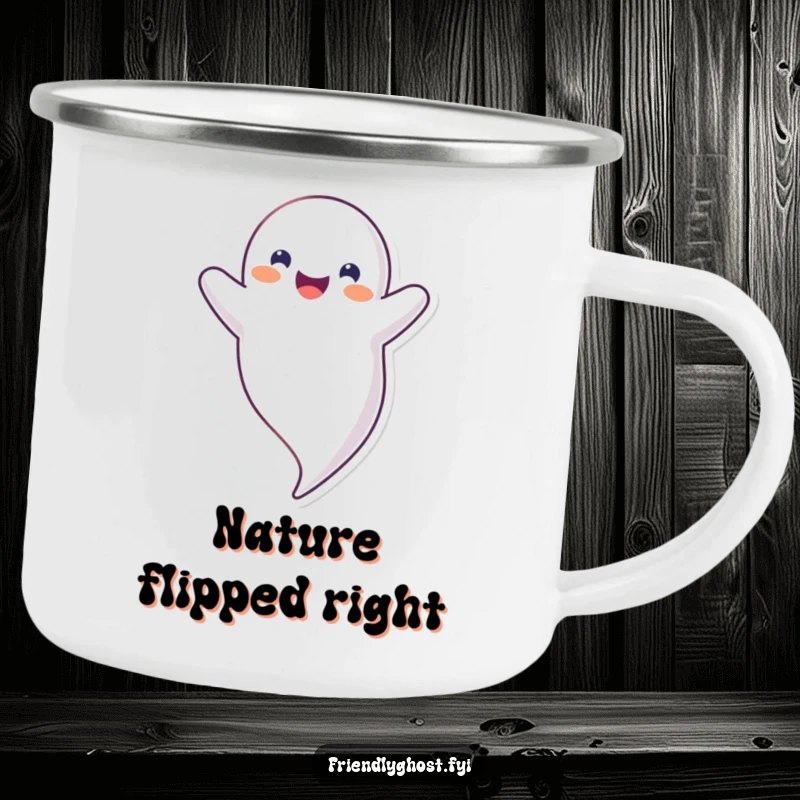 Funny upside down ghost camping mug with a happy, smiling ghost floating inverted, perfect for quirky outdoor trips and funny gifts.