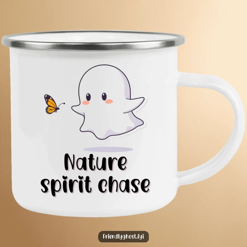 Funny camping mug illustration of a small ghost character playfully chasing a butterfly, embodying delightful vibes for outdoor enjoyment.