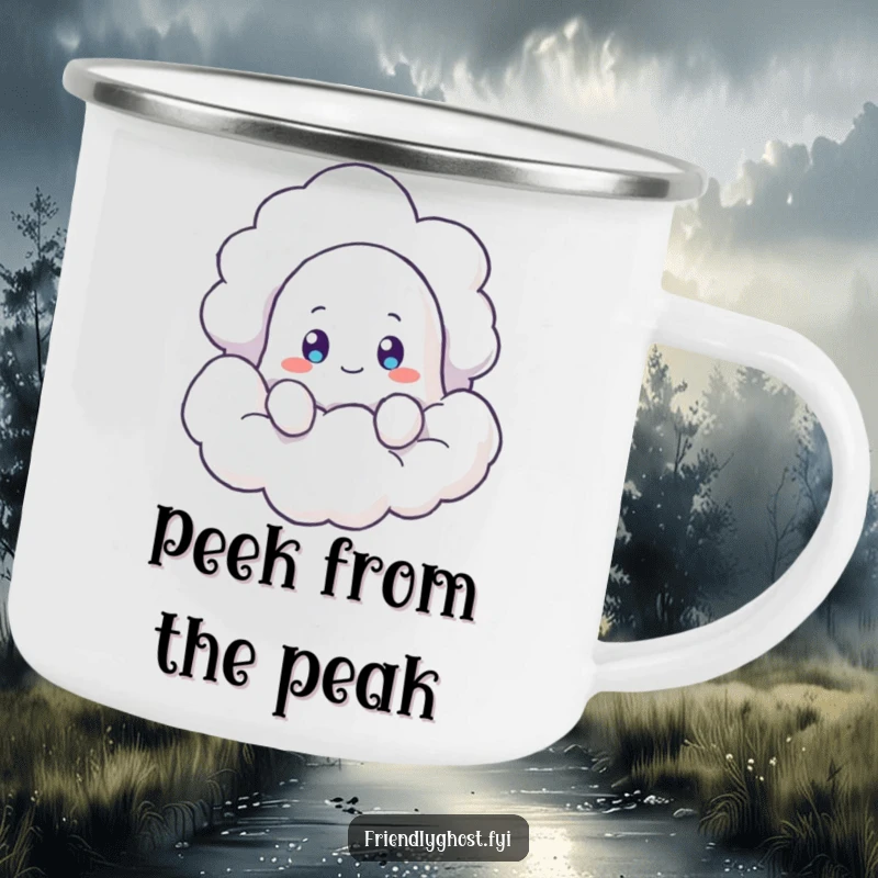 Funny Ghost Cloud Camping Mug: A curious ghost peeks from a cloud, ready for adventure. A durable and funny gift for campers.