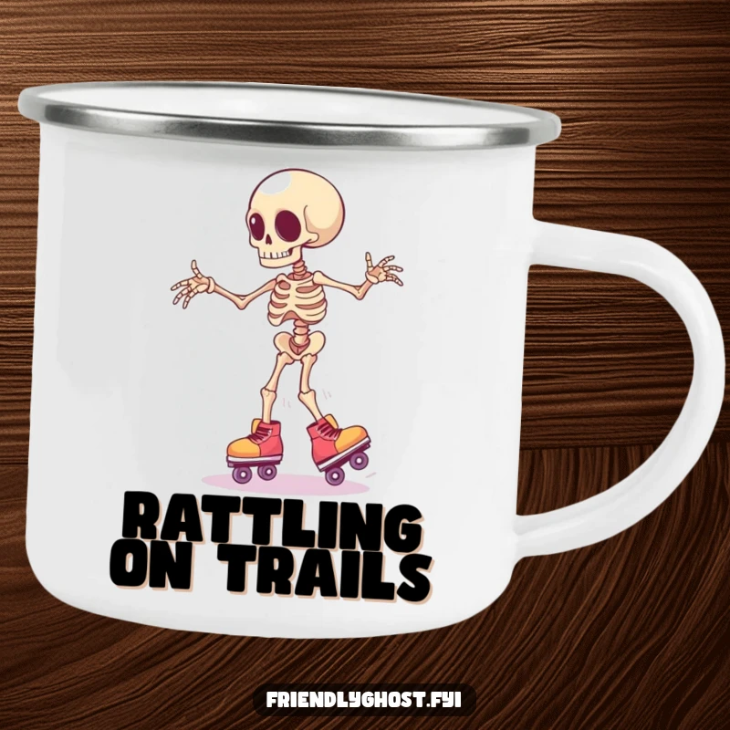 Funny clumsy skeleton limb wearing tiny roller skates, wobbling precariously, a durable and humorous camping mug.