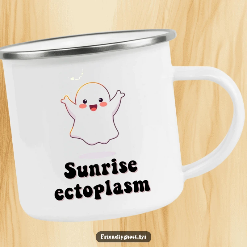 Funny happy ghost doing a cartwheel in a sunbeam, on a rugged camping mug for outdoor fun.