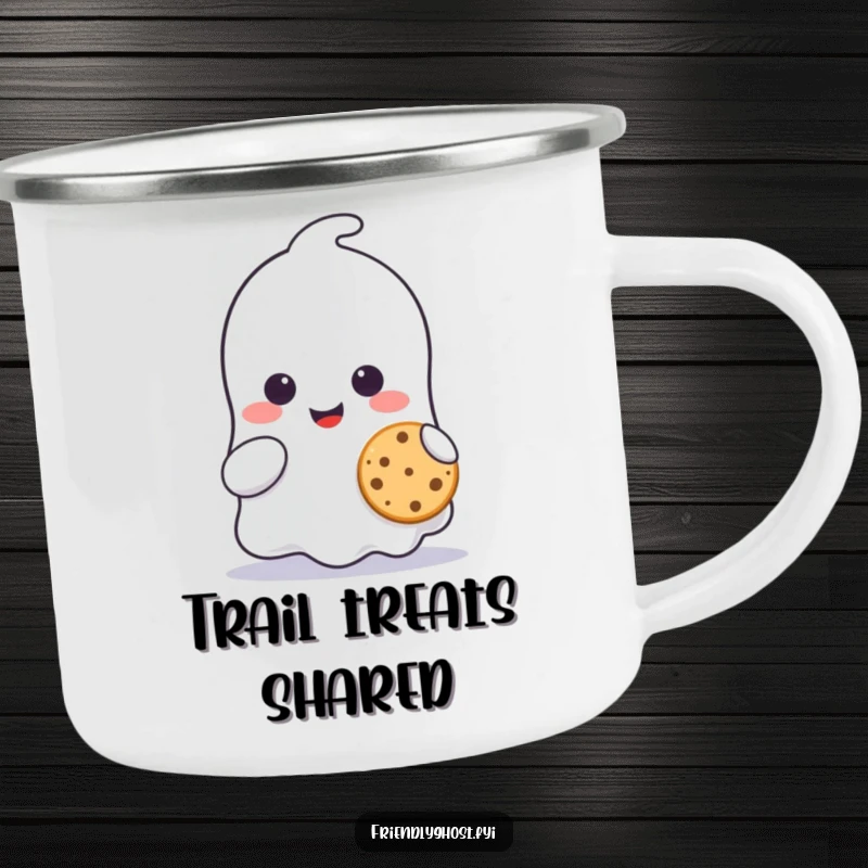 Funny ghost character camping mug, smiling and sharing a tiny cookie, ideal for cozy outdoor moments.