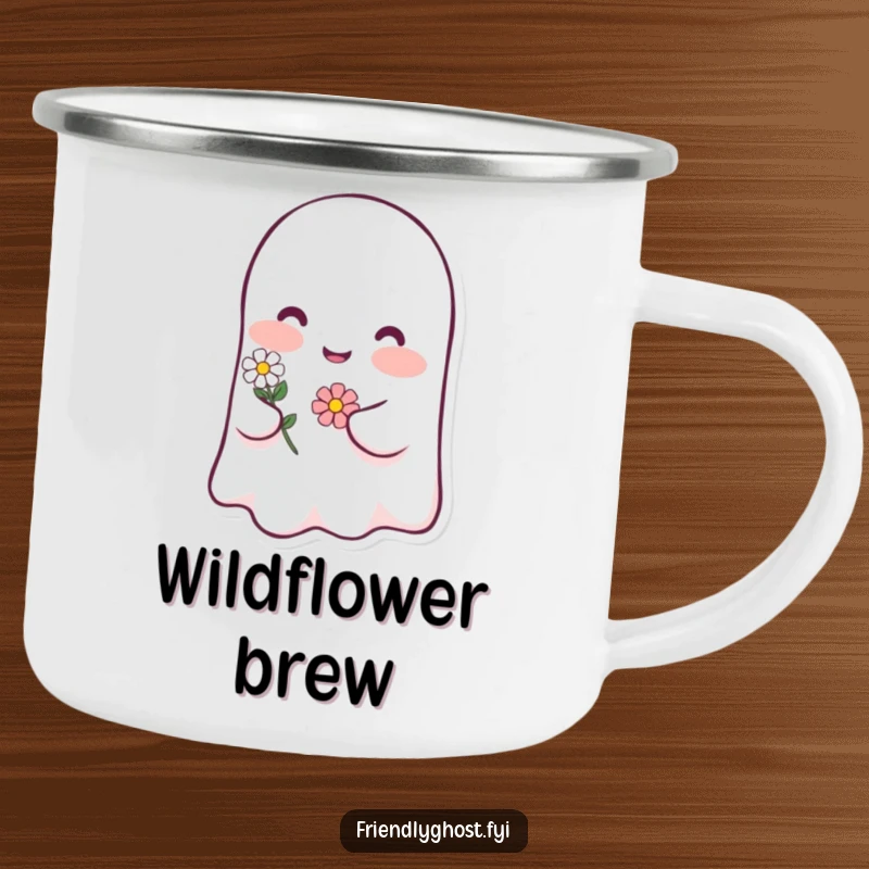 Funny ghost blush camping mug with a happy character blushing pink and holding a tiny flower, a durable and humorous outdoor mug gift.