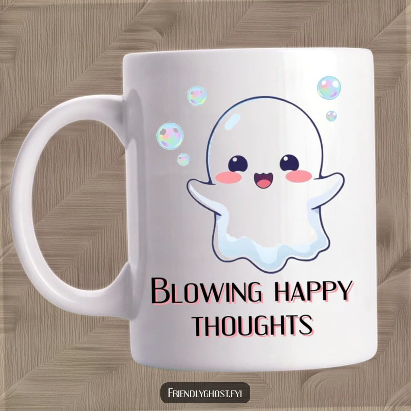 Funny Ghost Bubble Blower Mug: A cheerful ghost happily blows iridescent bubbles, creating a magical and joyful atmosphere.