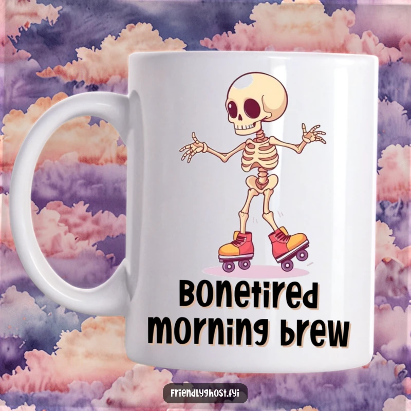 Funny clumsy skeleton limb wearing tiny roller skates, wobbling precariously, a humorous and relatable mug design.
