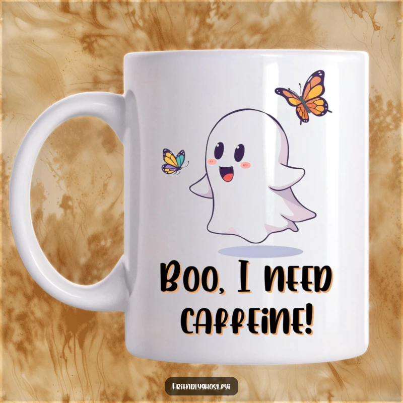 Funny ghost mug actively chasing a delicate butterfly with a joyful expression, capturing a moment of playful pursuit.