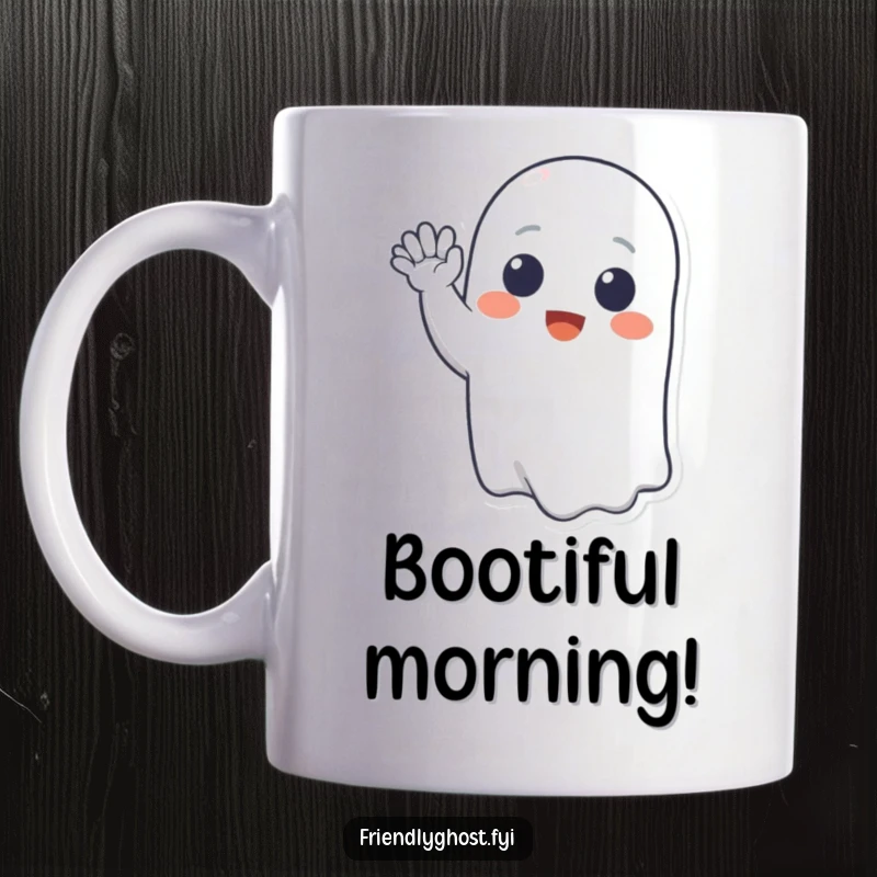 Funny mug with a cute, smiling ghost character happily waving a friendly gesture, radiating pure spectral joy and charm.