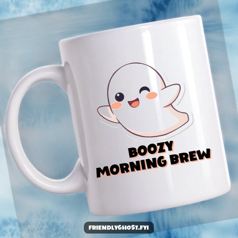 Funny mug showcasing a little ghost character joyfully zipping through the air with a wide, playful grin, embodying cheerful speed.