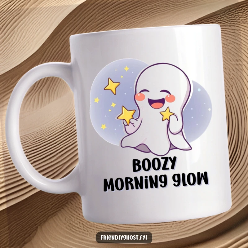 Funny ghost child mug featuring a cute ghost giggling while holding a twinkling star, perfect for adding playful spookiness.