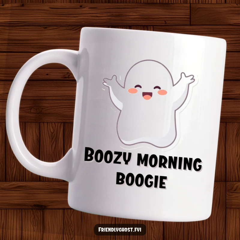 Funny mug featuring a giggling ghost character joyfully performing a silly, energetic dance in mid-air, radiating pure, unadulterated fun.