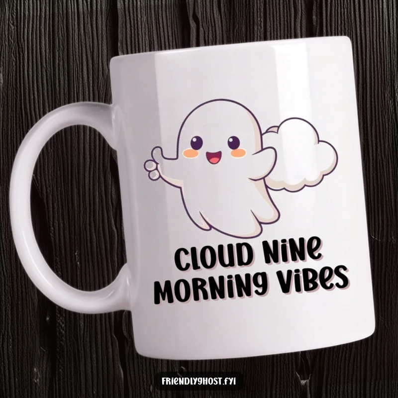 Funny mug with a happy ghost giving cartoonish thumbs up, floating beside a cheerful cloud, embodying pure optimism.
