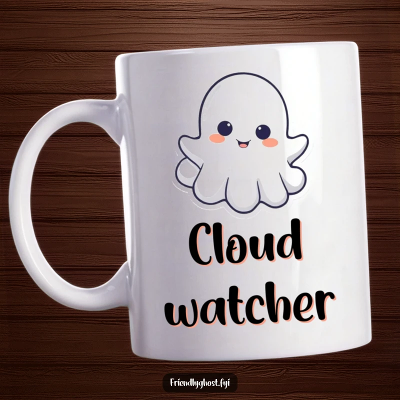 Funny mug featuring a cute little ghost playfully peeking out from behind a fluffy cloud, offering a spectral surprise.
