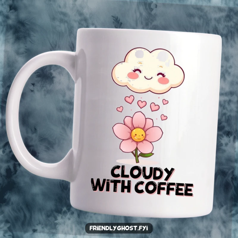 Funny mug featuring a happy cloud raining tiny, sparkling hearts onto a cheerful flower, radiating love and gentle joy.