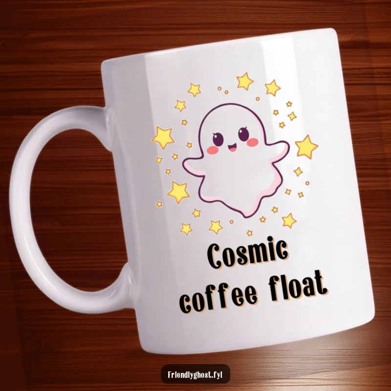 Funny happy ghost mug featuring a joyful character cheerfully floating amidst a field of twinkling stars.