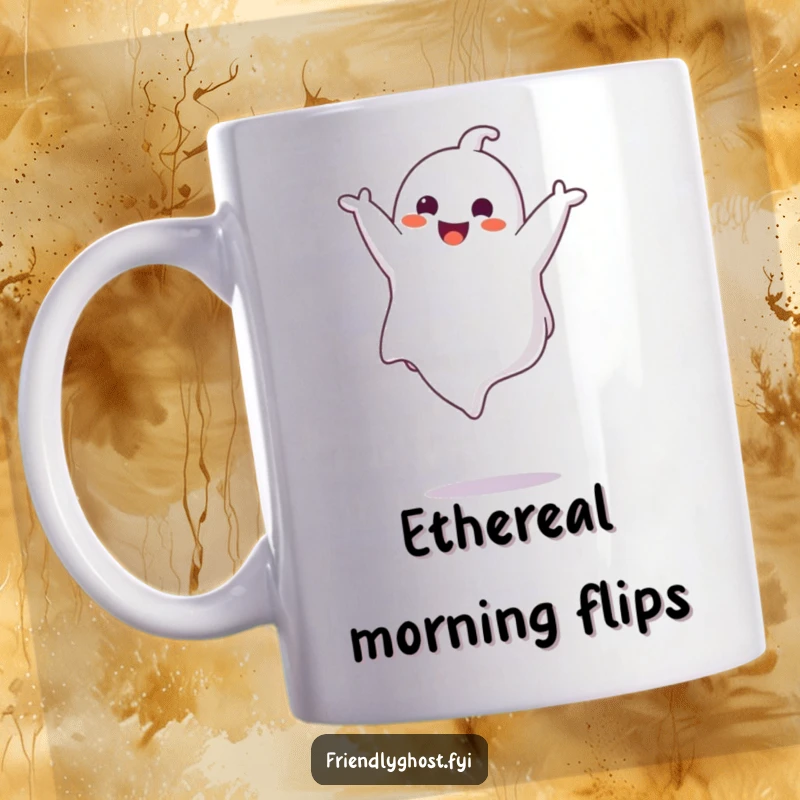 Funny ghost character doing a gentle and joyful somersault in the air, floating with delight, perfect for a humorous gift.