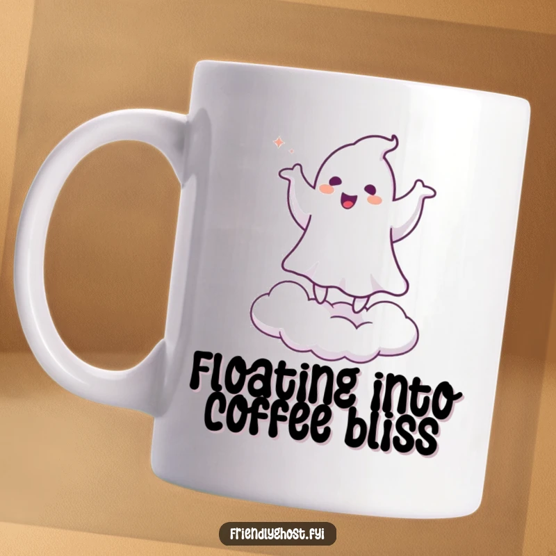 Funny mug showing a ghost joyfully doing a happy little jig on a fluffy cloud, embodying lighthearted fun and spooky cheer.