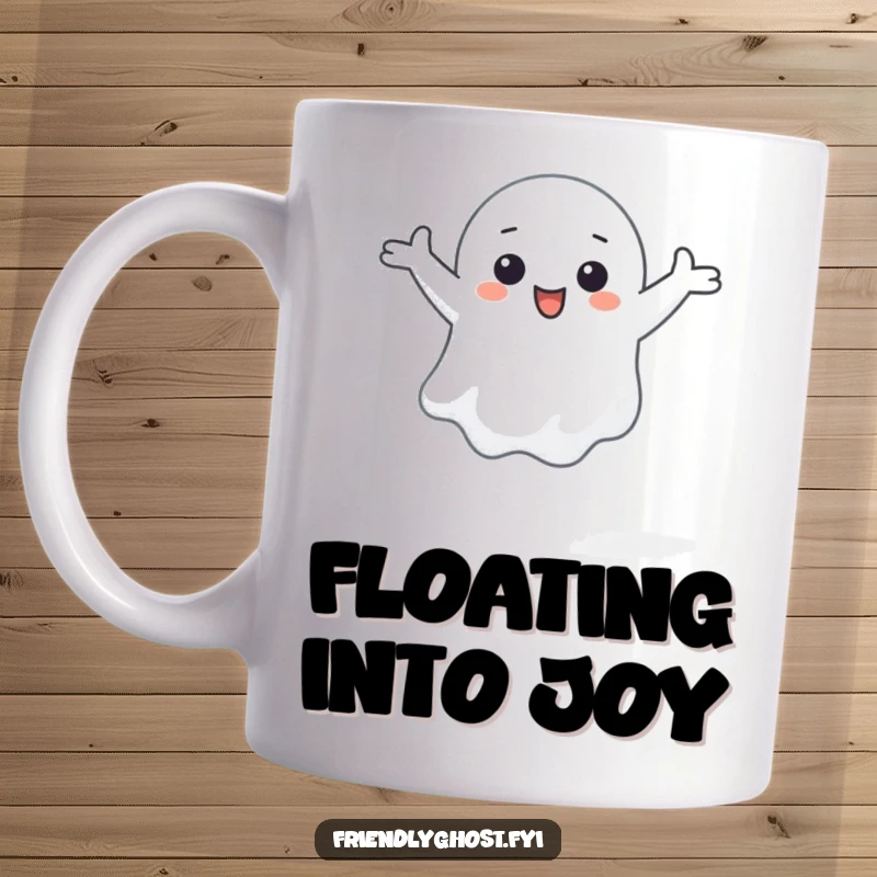 Funny mug with a small ghost character happily floating with arms outstretched and a joyful expression.