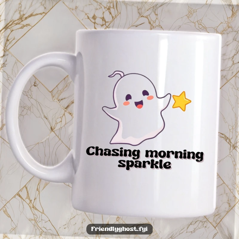 Funny chasing ghost mug featuring a delighted ghost character playfully pursuing a tiny, sparkling star, ideal for whimsical fun and gifts.