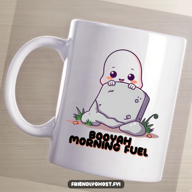 Funny ghost mug featuring a cute, mischievous ghost peeking playfully from behind a cartoon tombstone on a starry night.